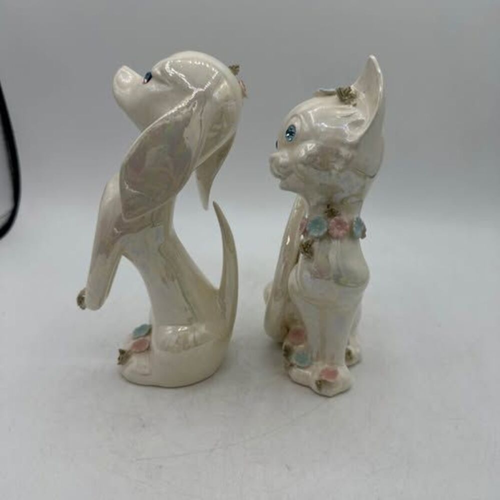 Vintage Lefton Dog Cat Iridescent Figurines Figure Spaghetti Flowers Floral - Picture 4 of 10